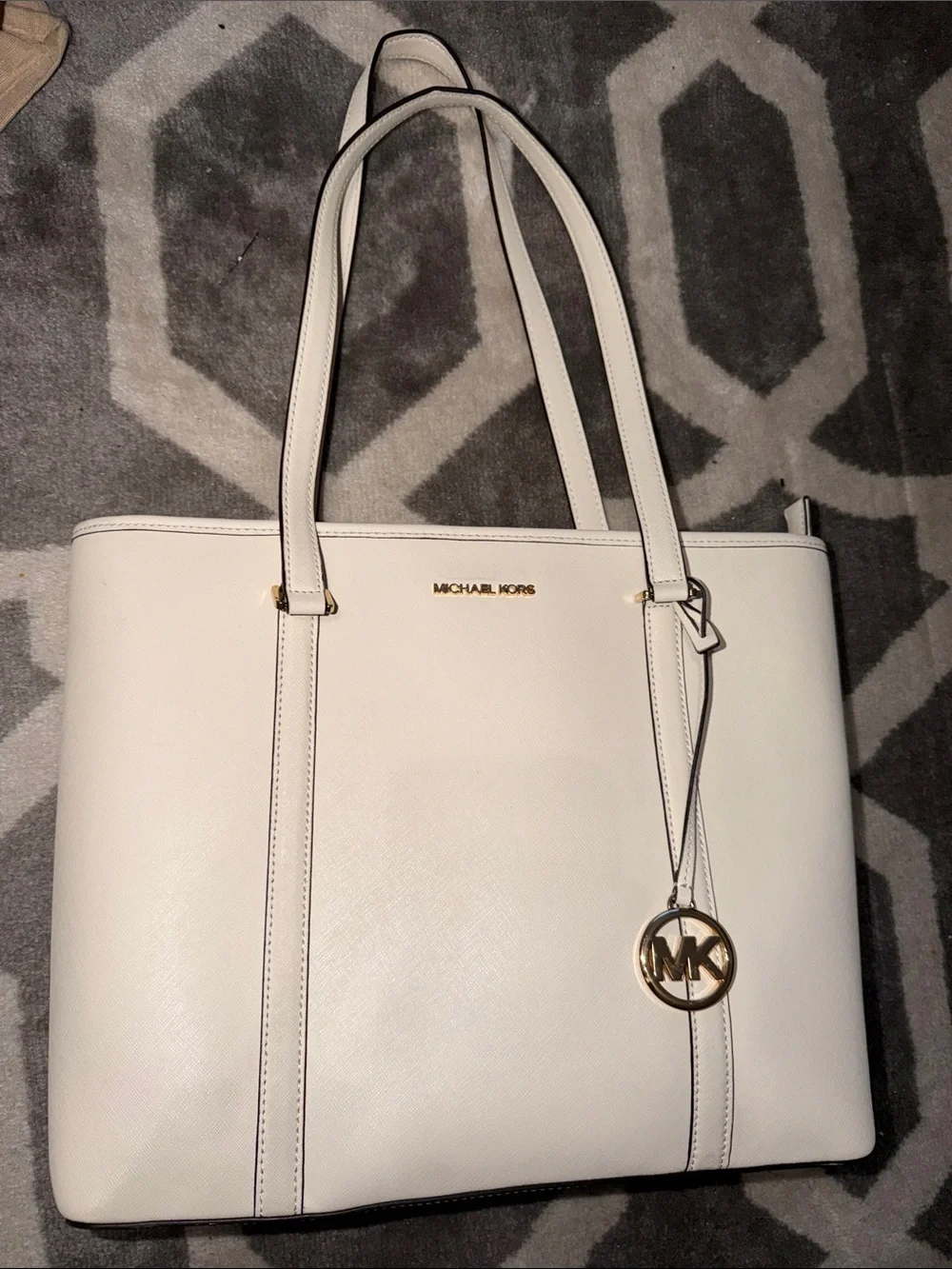 Michael Kors Cream Saffiano Leather Tote with Gold Logo Charm
